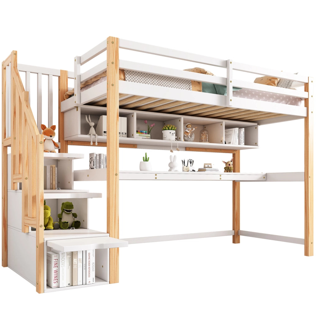 Letto a soppalco per bambini con scrivania, scale contenitore e ripiani