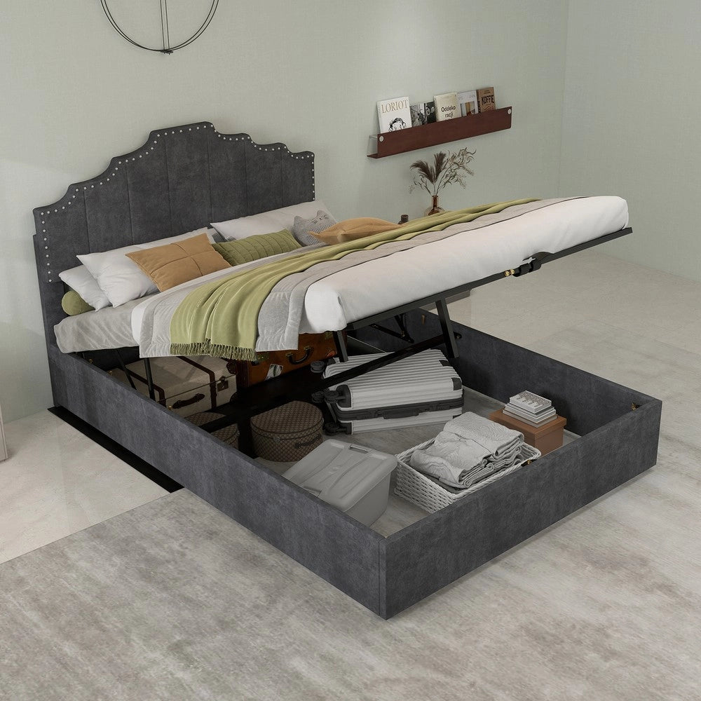 Letto Contenitore Imbottito ¨C MINIMAL ¨C Grigio 140x200 con Testiera, Struttura con Doghe