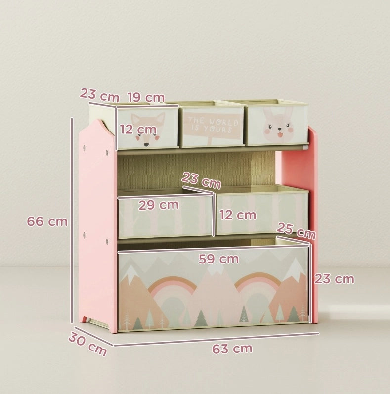 Scaffale per bambini 63x30x66 cm con 6 scomparti; design simpatico in legno rosa