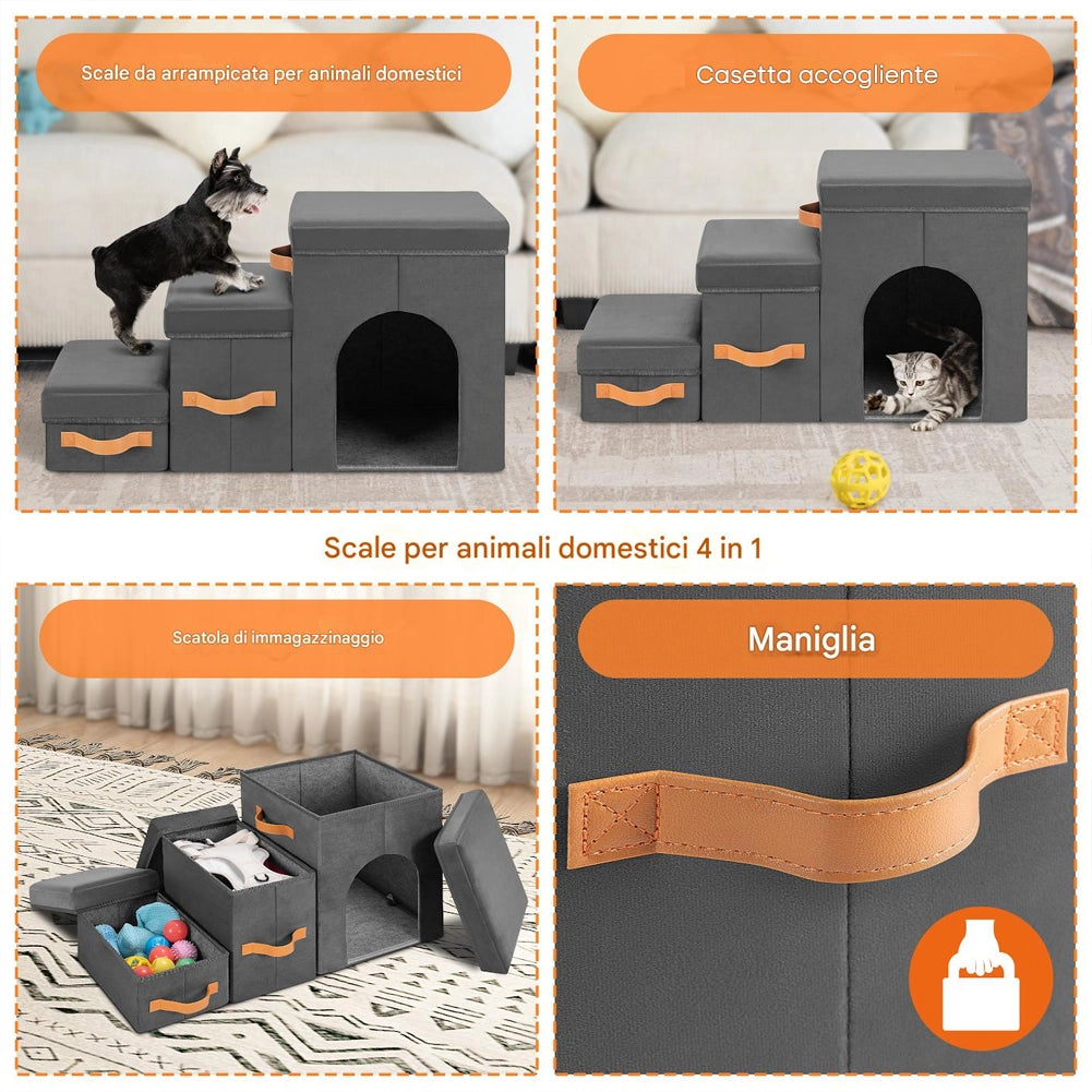 Scala per Animali 3in1 Multifunzione Scaletta Grigio Pieghevole Vano Contenitore