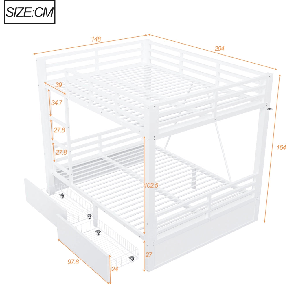 Letto a castello 140x200 cm con cassetti e scala in metallo e legno bianco