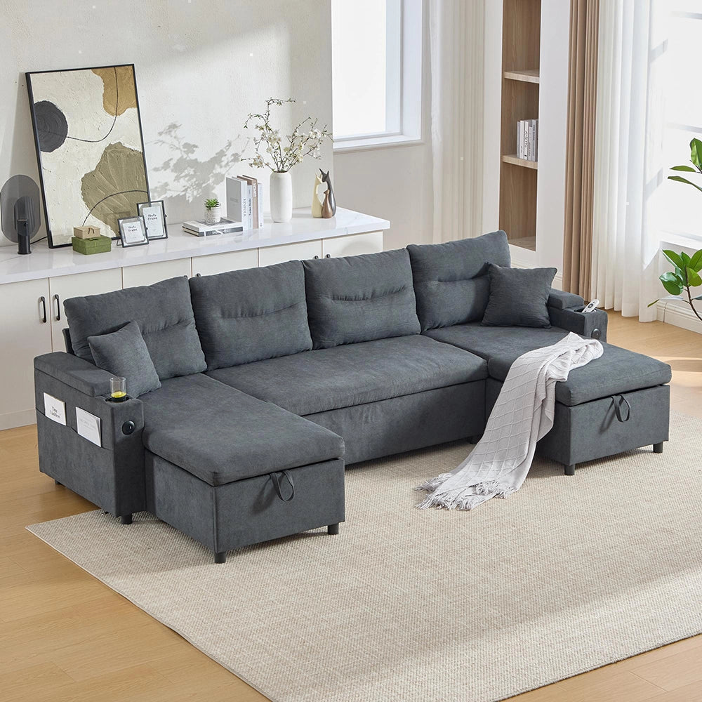 Canap¨¦ moderno per 4 persone - Xylo - Grigio scuro, con chaise longue, spazio di stoccaggio, porta-bicchieri e USB