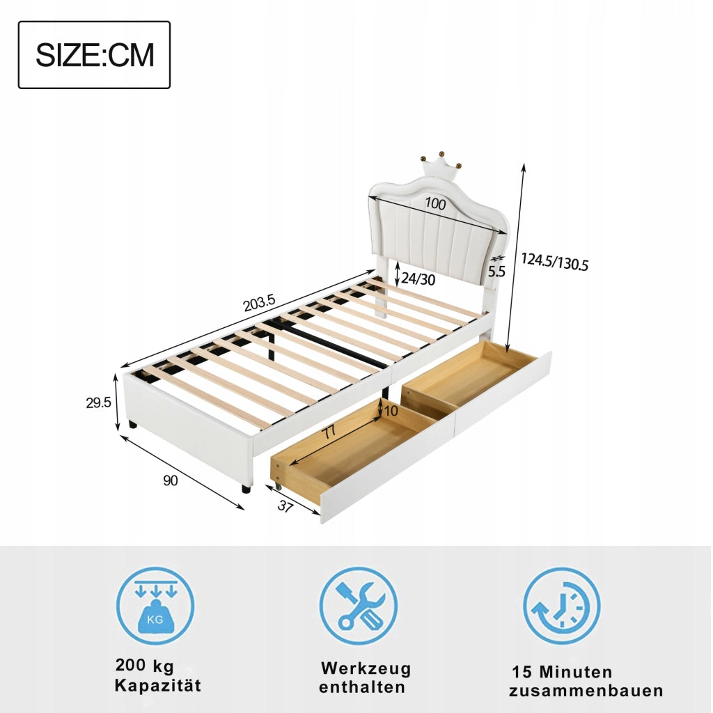 Letto singolo 90x200 - Xylo - Bianco con LED e corona senza materasso