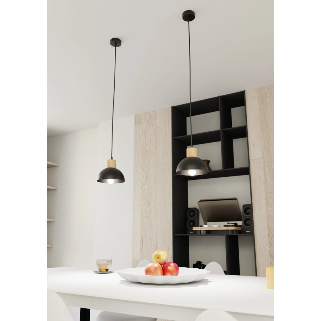 Lampada a sospensione Seco in acciaio nero e legno