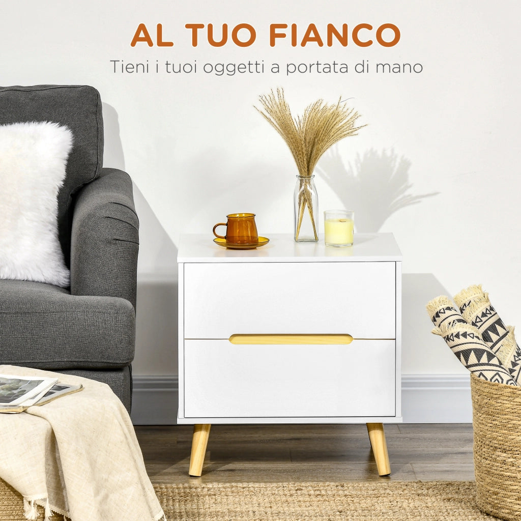 EasyComfort Comodino Moderno con 2 Cassetti in Truciolato e Gambe in Legno di Pino, 50Lx40Px50.5A cm, Bianco