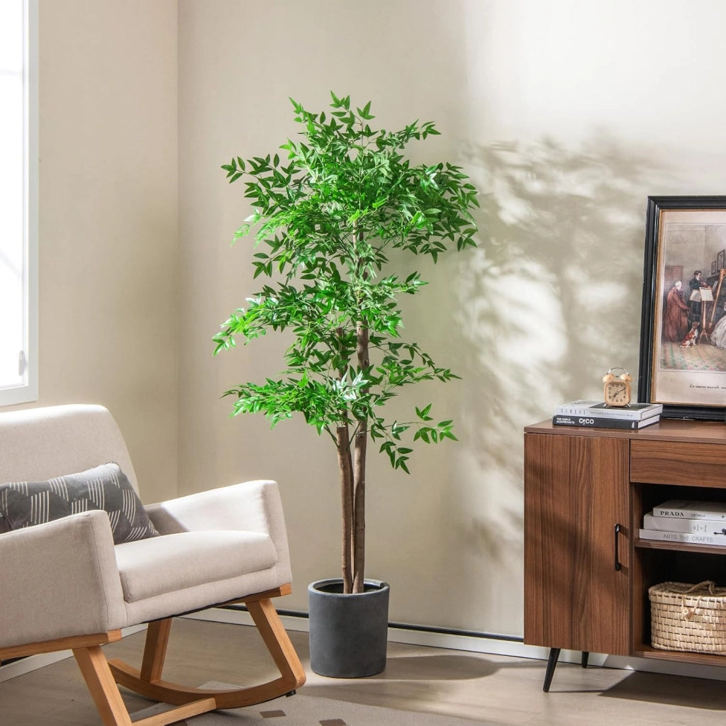 Pianta artificiale in bambù, 150 cm, pianta artificiale in vaso con tronchi e foglie, albero artificiale decorativo per interni, casa, ufficio e soggiorno