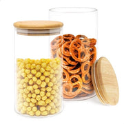 Set di 2 contenitori di stoccaggio in vetro con coperchio in bambù, 1,15 L (17,5x10 cm) contenitori di stoccaggio in vetro trasparente con coperchi in legno. Con etichette e pennarelli.