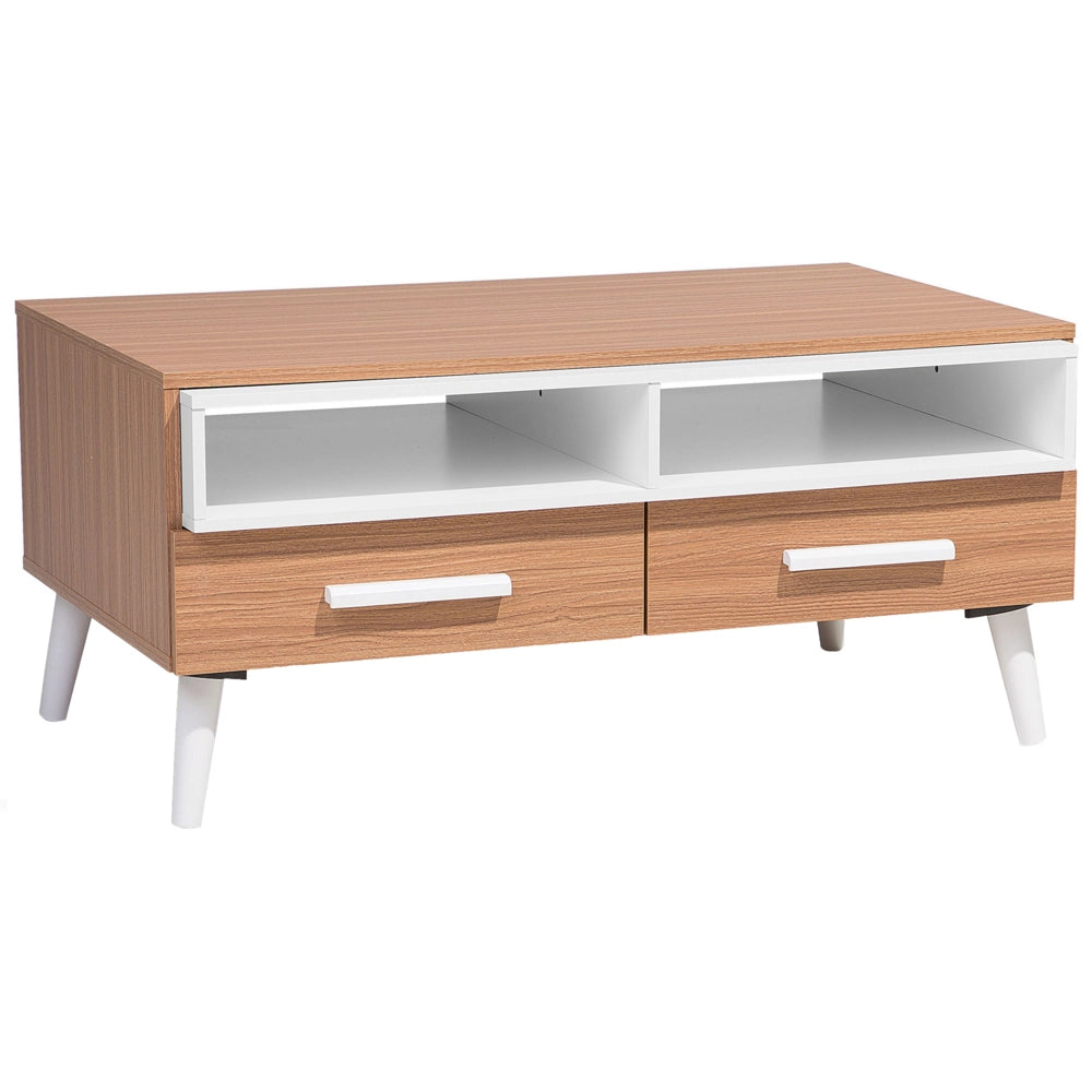 Tavolino da caffè in legno chiaro con ripiani bianchi a 2 cassetti 100 x 60 cm in stile scandinavo