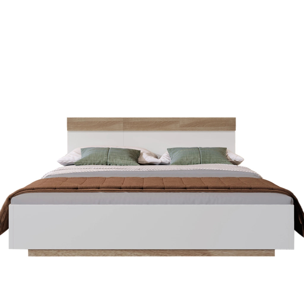 Letto matrimoniale flottante 140x200 cm in legno; bianco e effetto rovere Sonoma