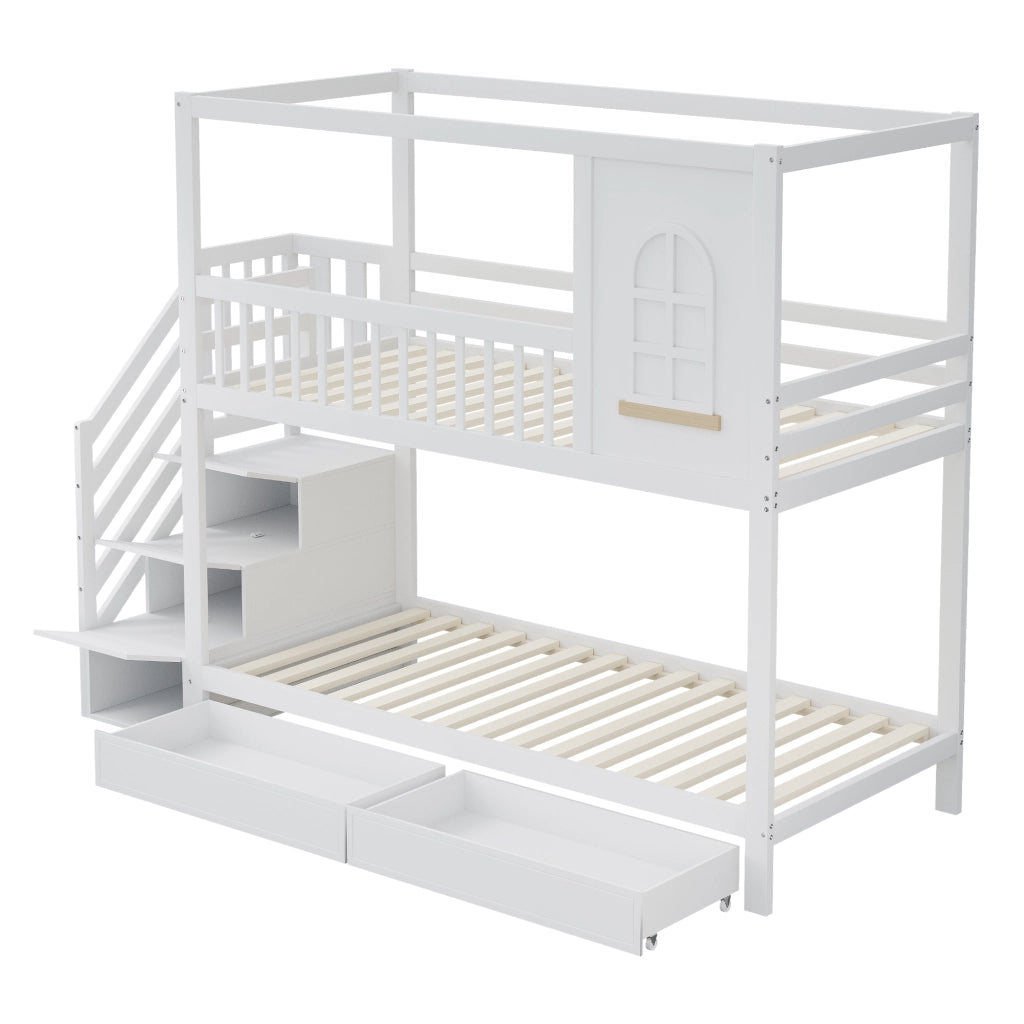 Letto a Castello 90x200 cm; Letto 2 Posti - Scala con cassetti e Ganci - Legno - Bianco