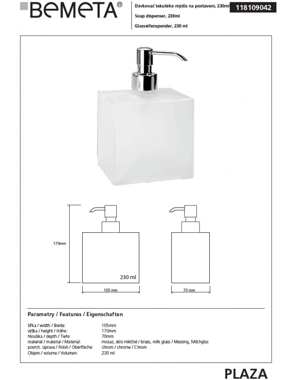 Dispenser Sapone Liquido PLAZA 7x10,5x17 cm