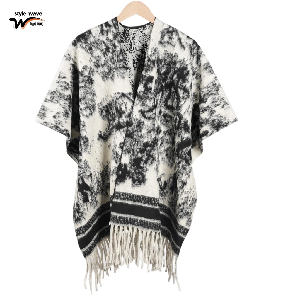 Sciarpa spessa double face in stile pittura a inchiostro per donna, mantello e sciarpa caldi in stile retr¨°.