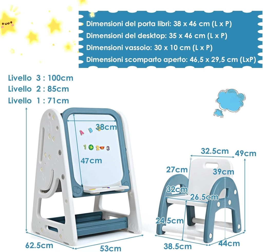 Set 2 in 1 Cavalletto per Bambini, Lavagna Magnetica Multifunzione Bifacciale, Libreria Bambini Altezza Regolabile, con Sedia e Accessori (Blu)
