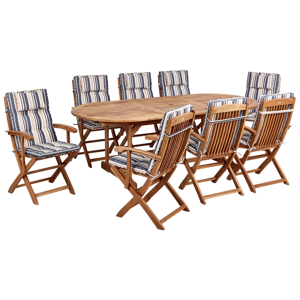 Set da pranzo all'aperto in legno di acacia chiaro con cuscini a righe tavolo a 8 posti sedie pieghevoli design rustico