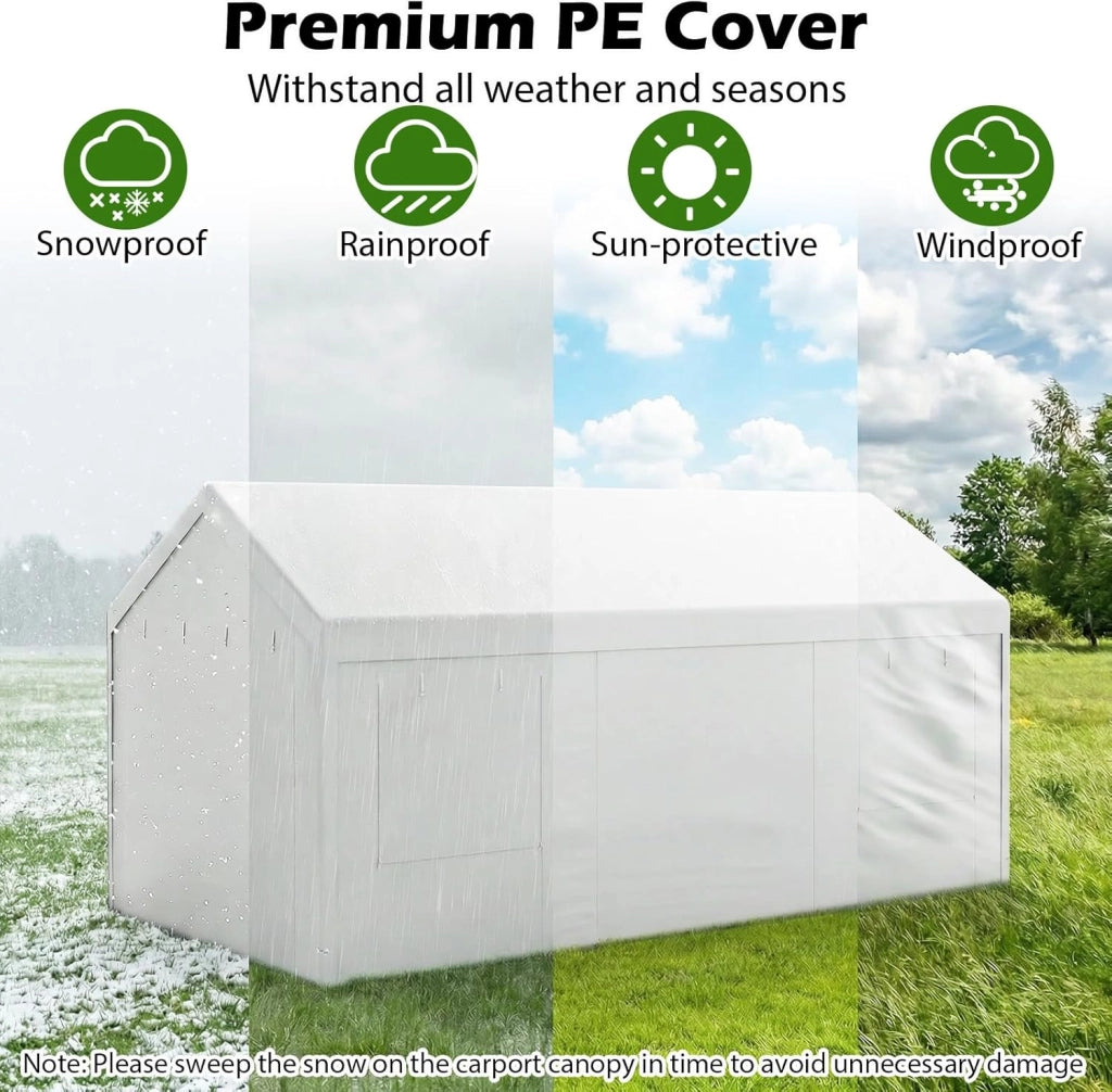 Tenda Garage Auto Esterno, Tettoia per Auto con Telaio in Metallo, Copertura in PE Resistente alle Intemperie, Capanno Giardino per Vehicolo, Bici, Moto, Attrezzi (Bianco, 305 x 586 x 280 cm)
