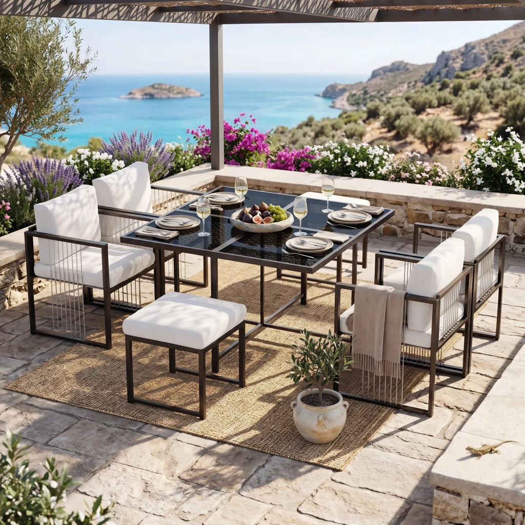 Set da pranzo esterno 7 pezzi per 6 persone, tavolo in vetro temperato, ideale per giardino e terrazza