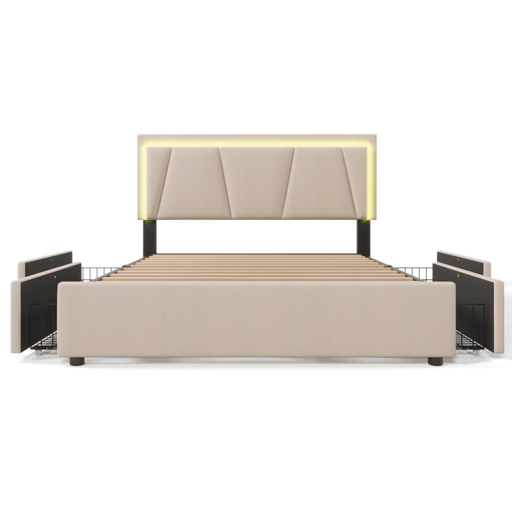 Letto matrimoniale beige 160x200 LED 4 cassetti testiera regolabile doghe