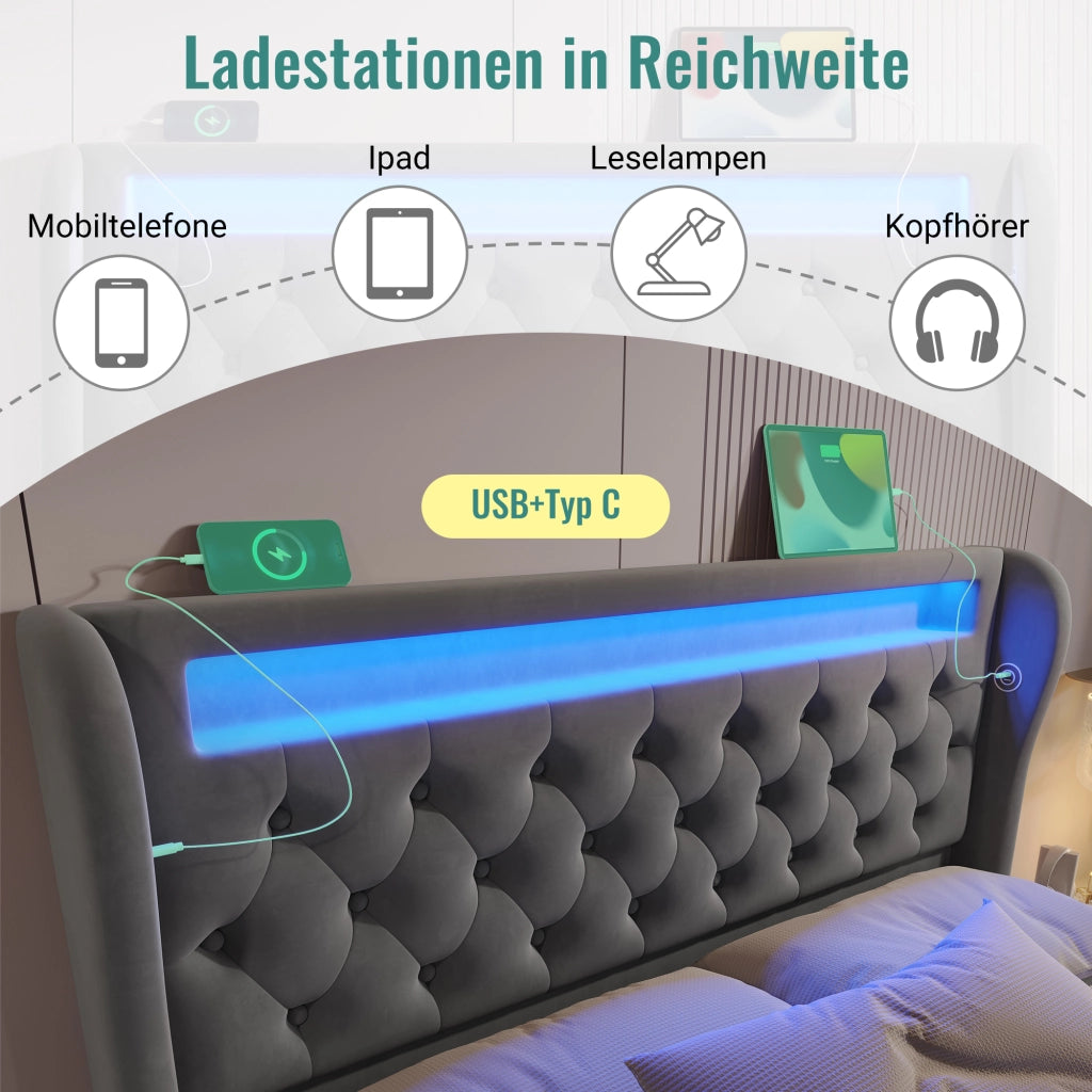 Letto Contenitore 140x200 cm; Letto Matrimoniale; LED; USB e Type-C; in Velluto; Grigio