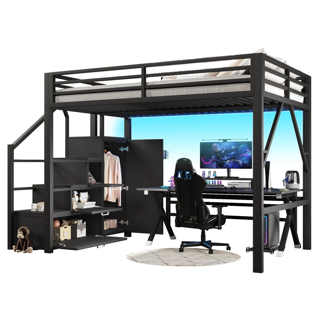 LETTO a soppalco 140x200 cm in metallo nero con LED, armadio e vani contenitore