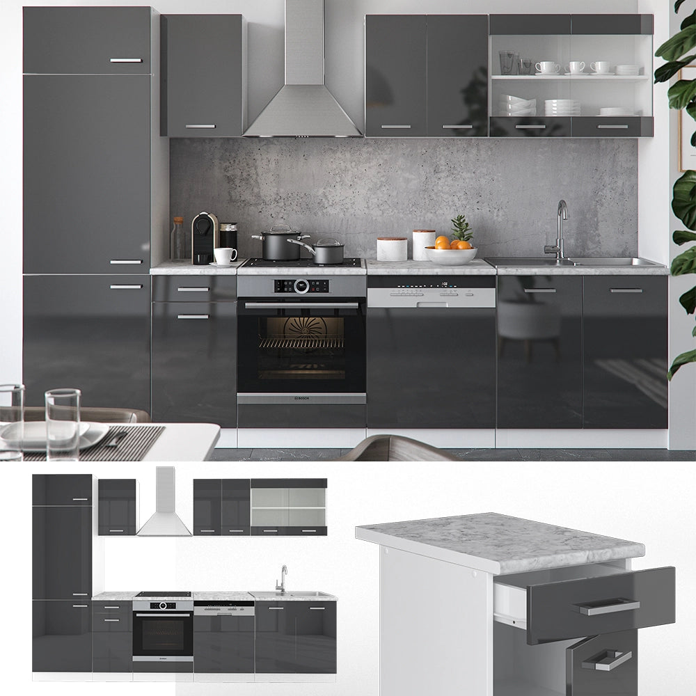 Cucina componibile R-Line Antracite lucido/Bianco 300 cm senza piano di lavoro Vicco