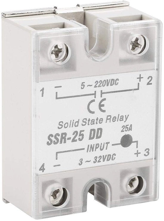 Relais a stato solido 25A - Tensione di ingresso 3-32VDC - Tensione di uscita 5-220VDC - Corrente di ingresso 6-12mA - Per l'automazione industriale