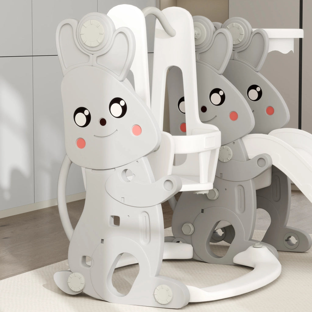 Set Gioco 4-in-1 Bambini ¨C Xylo ¨C Scivolo Altalena Arrampicata Canestro Grigio Coniglio