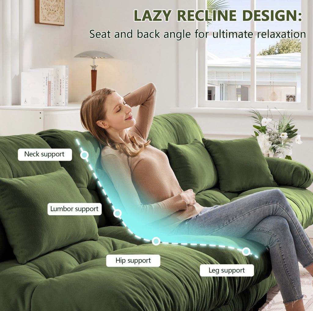 Divano angolare Cloud in chenille verde con 2 cuscini lombari, 2 cuscini decorativi e 2 pouf abbinati