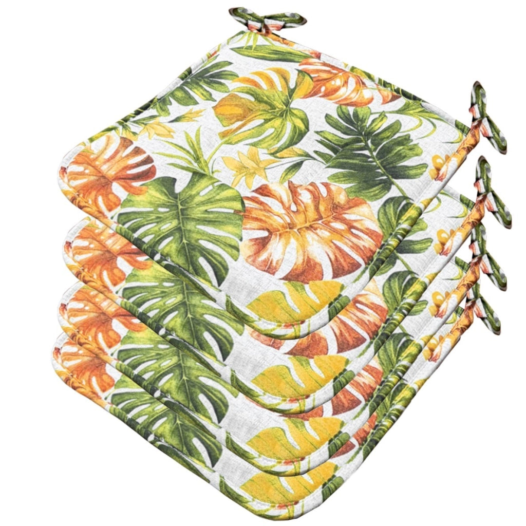 Set 4 Cuscini Sedia Cotone Palme Tropicali Lavabili Coprisedie Universali Con Lacci Fissaggio