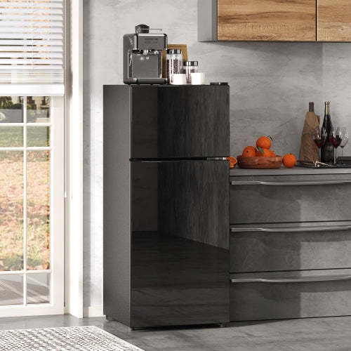Mini frigorifero con congelatore; indipendente; volume totale 92L; congelatore da 28L; porta di vetro; illuminazione LED; basso rumore; mensole rimovibili in vetro; nero