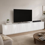 Mobile da soggiorno Porta Aemilor, Made in Italy, Credenza per Aemilor da salotto a 6 antine battenti con dettaglio, cm 244x44h46, Bianco lucido