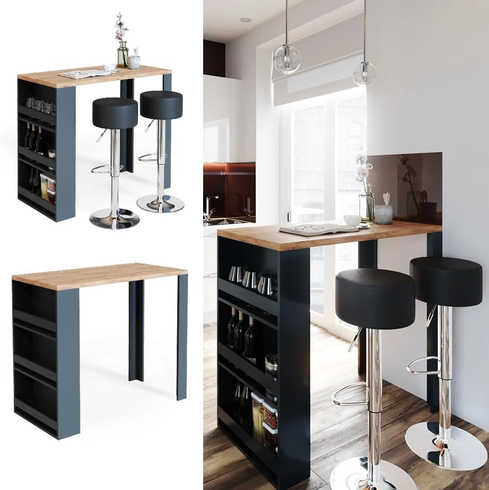 Tavolo bar alto, Rovere, 57 x 117 cm, con ripiani aperti per riporre utensili da cucina