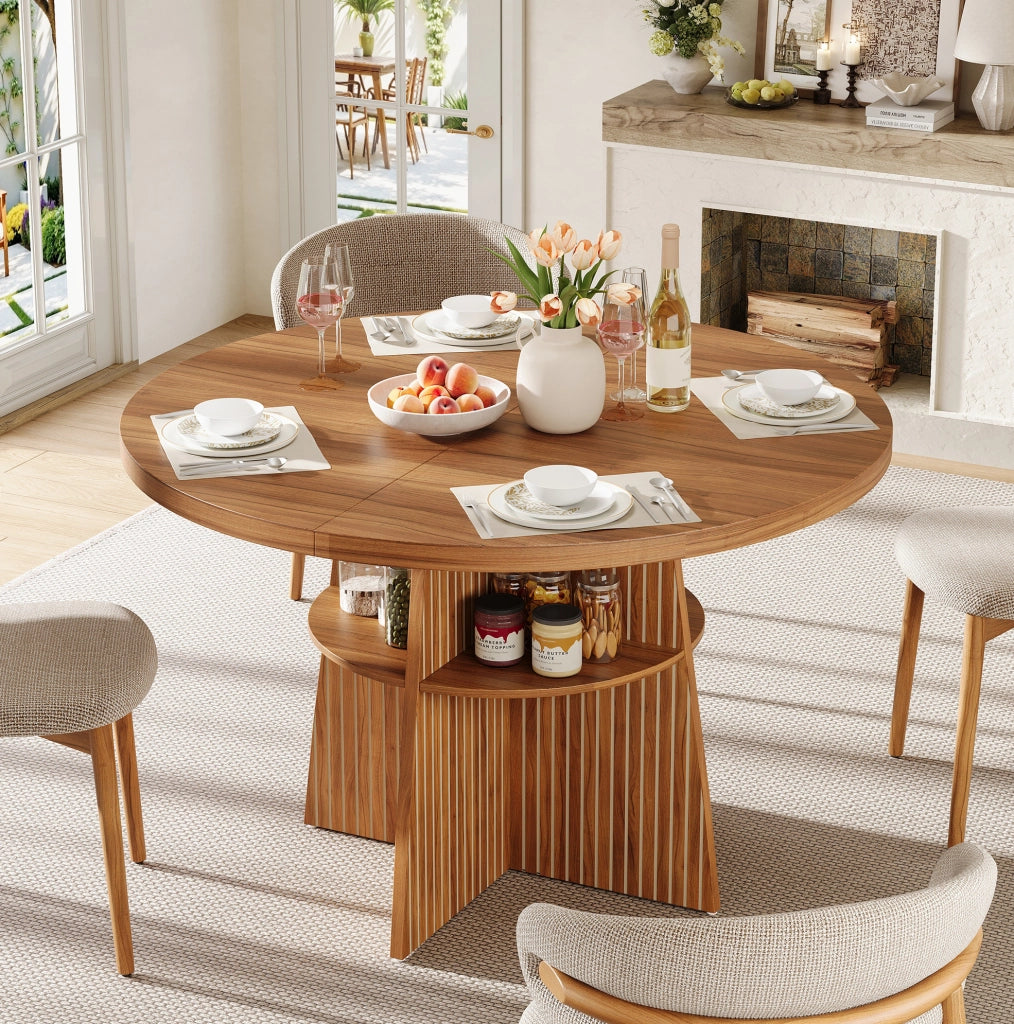 Tavolo da pranzo rotondo allungabile 110-150x110x77;5 cm con ripiano; effetto noce