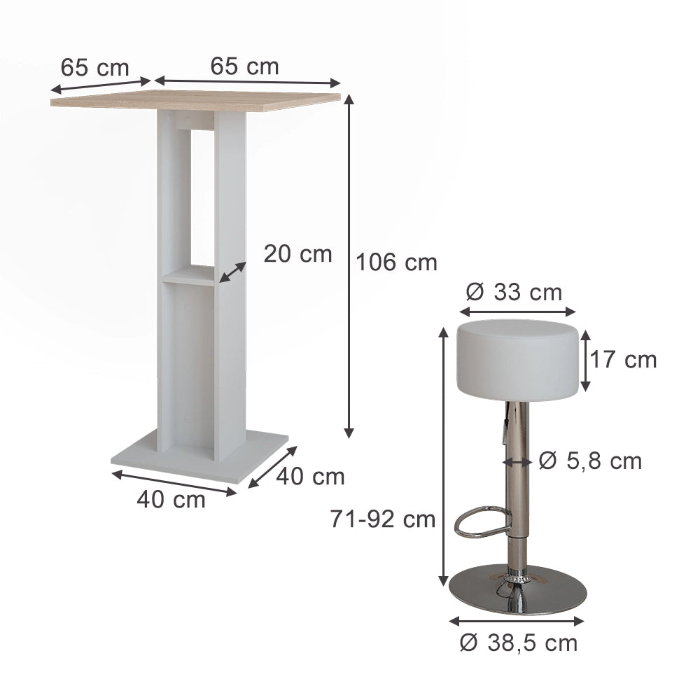 Vicco tavolo bar con sgabelli Bianco/Sonoma 65 x 65 cm con 2 sgabelli da bar
