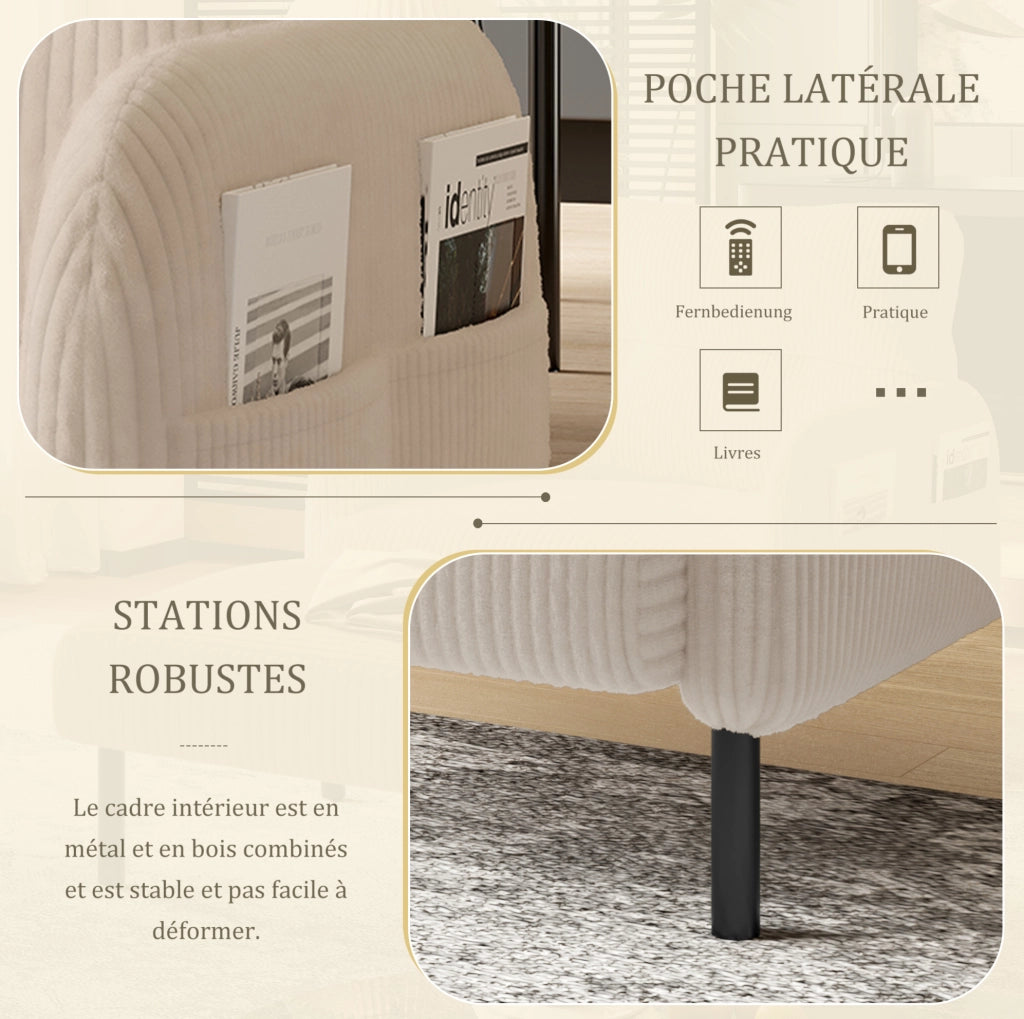 Poltrona singola in corduroy beige con tasca laterale; struttura in metallo; 67x75x79 cm