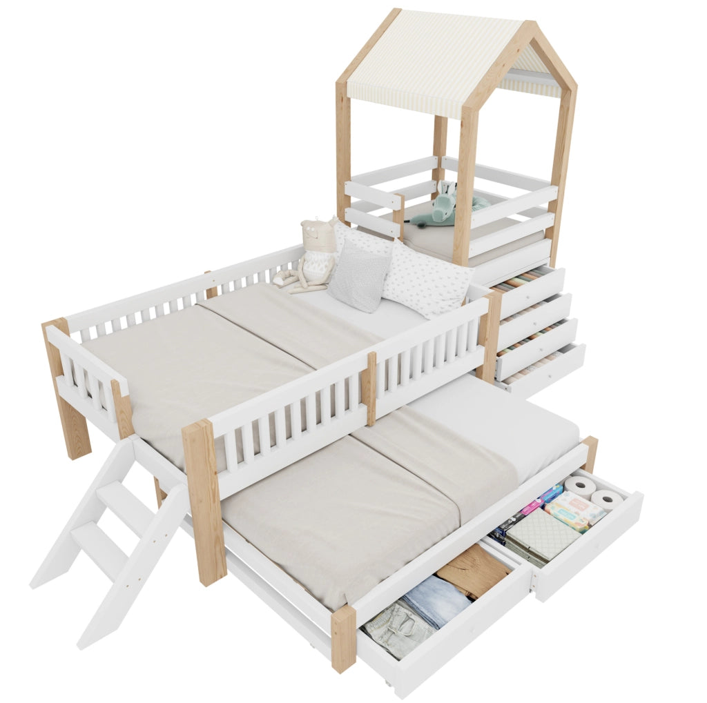 Letto a casetta per bambini con letto estraibile e cassetti