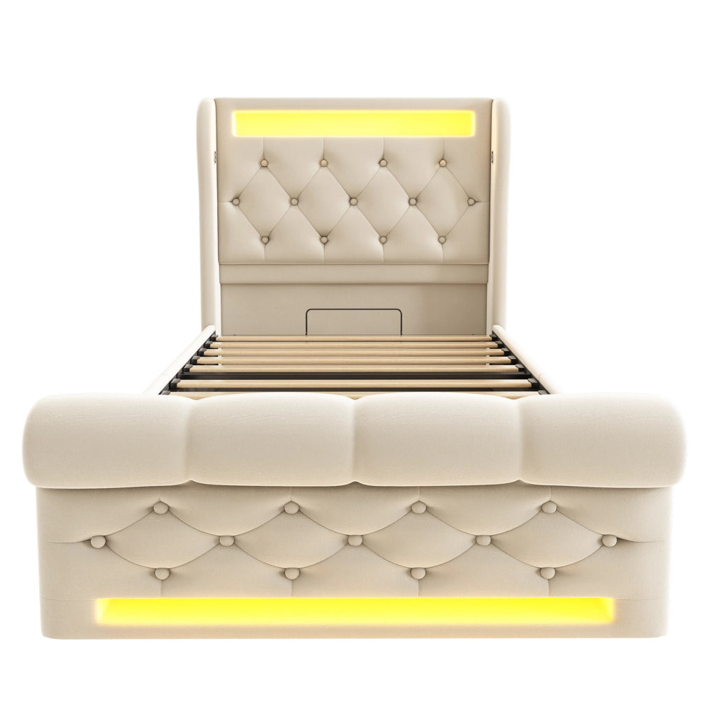 Letto imbottito 90x200 cm con LED; contenitore idraulico; USB e Type-C; beige in velluto