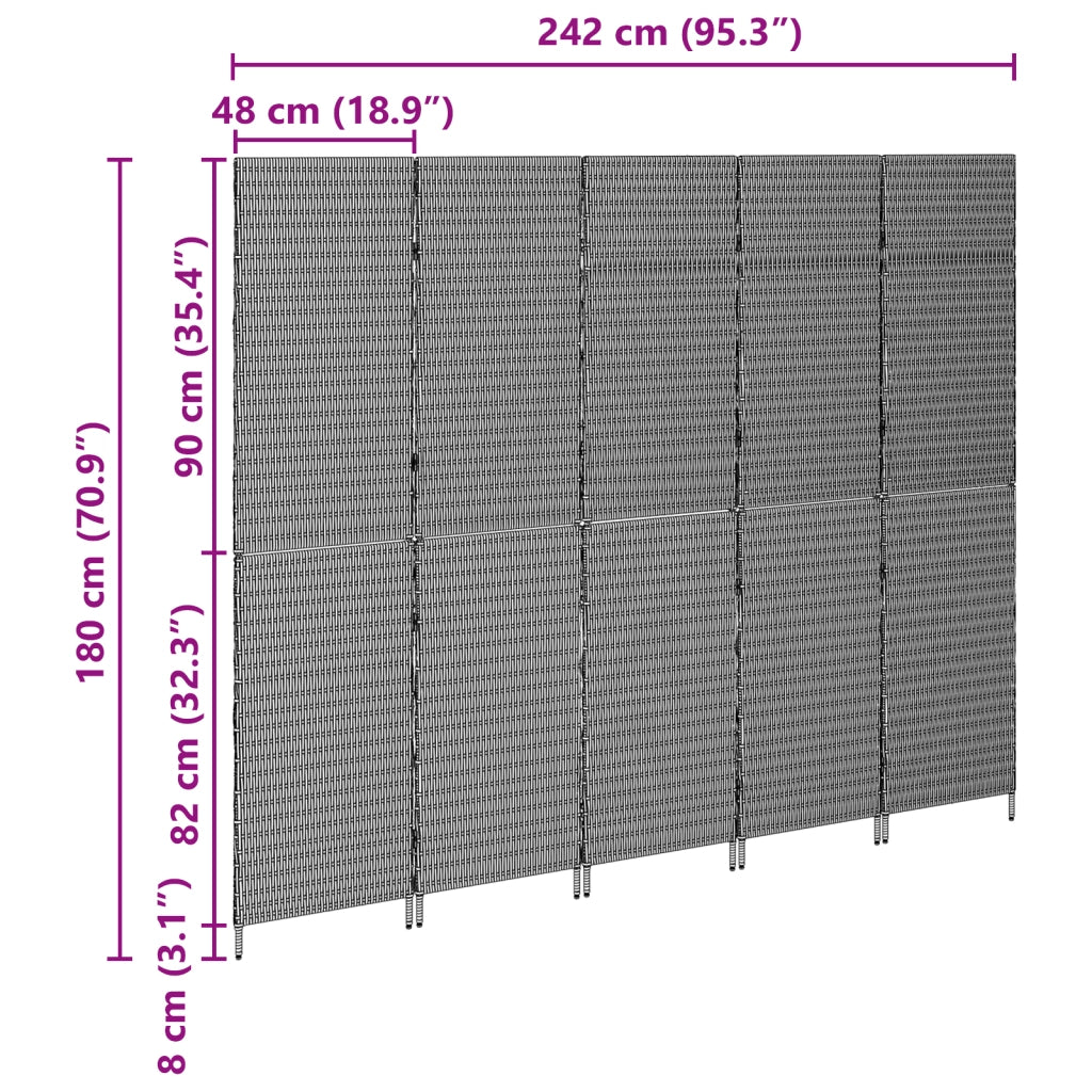 Paravento 5 Pannelli Pieghevole Beige 245x180 cm Poly Rattan