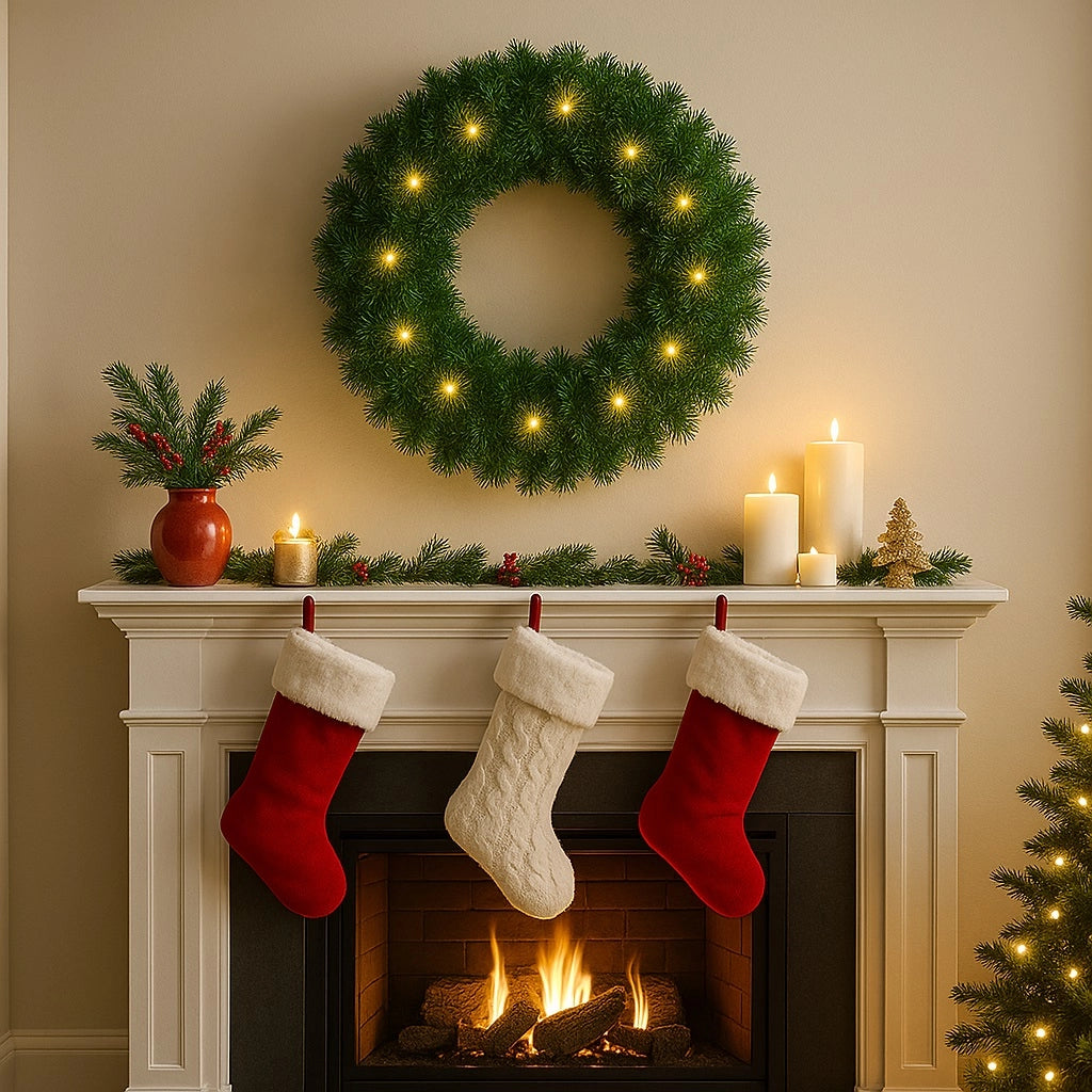 Corona Ghirlanda Natalizia Verde 45 cm con 40 LED Bianco Caldo per Addobbi