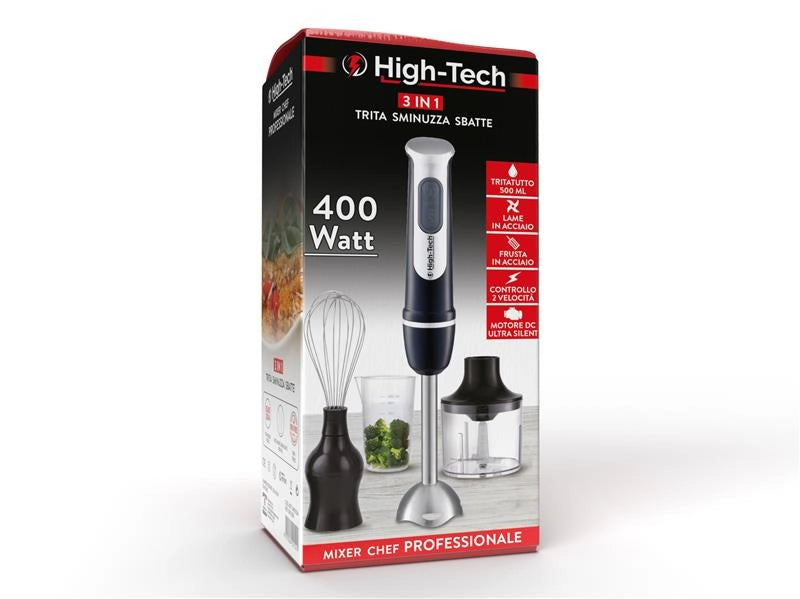 HIGH-TECH FRULLATORE AD IMMERSIONE IN ACCIAIO 3IN1 DA 400WATT A 2 VELOCITÀ