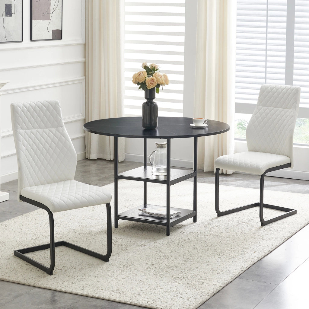 Set tavolo da pranzo e sedie con 1 tavolo rotondo e 2 sedie; ripiani portaoggetti; MDF e metallo nero; PU bianco
