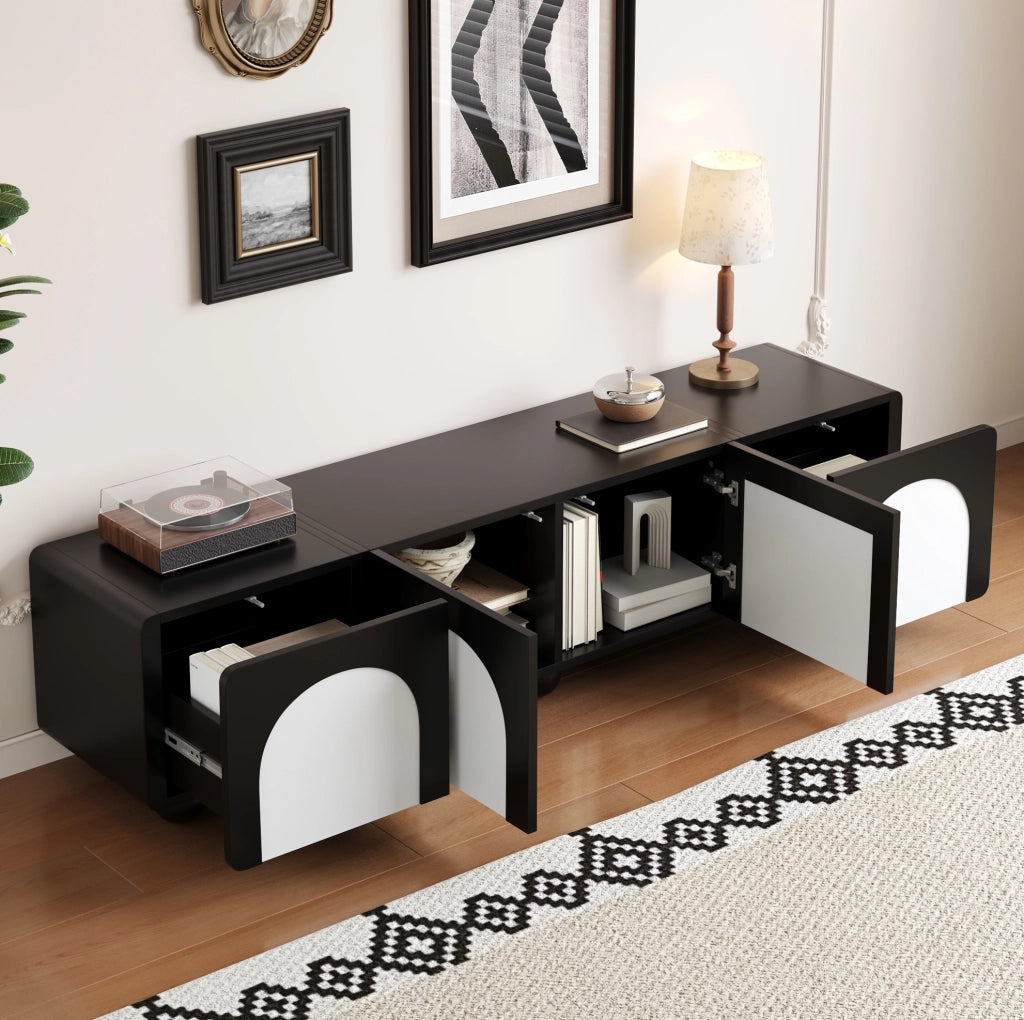 Mobile TV in MDF nero e bianco con 2 cassetti e 2 ante, 180x38x45 cm