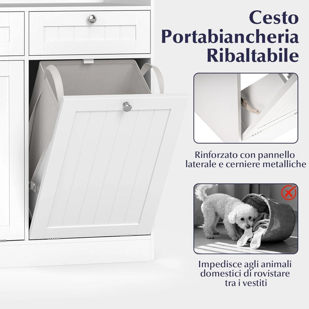 Mobiletto per Biancheria con 2 Cesti Ribaltabili, Mobile da Bagno Indipendente con Ripiano, 2 Cassetti e 2 Sacchi Porta Biancheria Rimovibili, Armadietto in Legno per Bucato (79 x 40 x 80 cm)