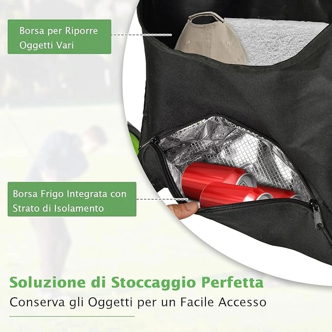 Carrello da Golf a Spinta e a Trazione, Carrello Golf Pieghevole Leggero a 4 Ruote con Borsa Impermeabile, Freno a Pedale, Porta Tazza e Porta Ombrello Regolabile(Verde)