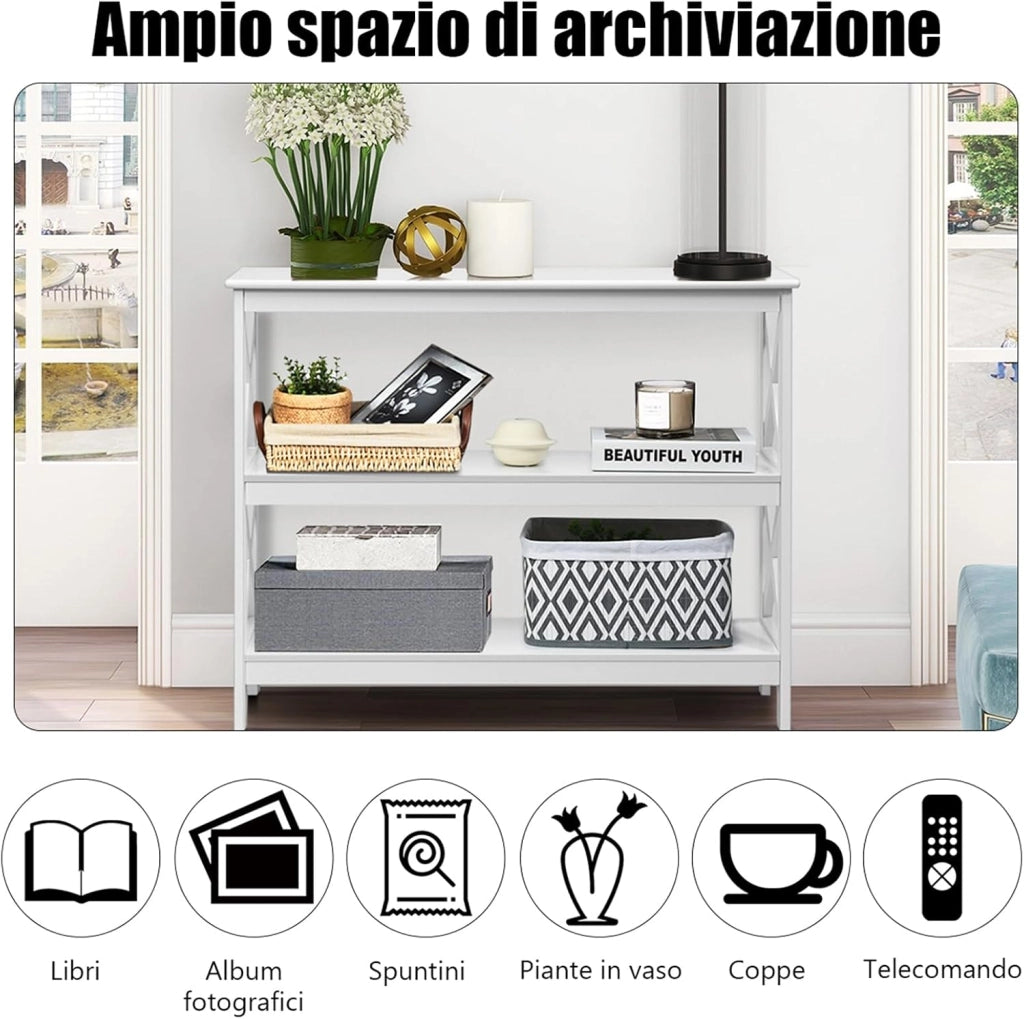 Tavolo Consolle a 2/3 Ripiani, Tavolo d’Ingresso in Legno, Mobile Multifunzionale per Soggiorno e Corridoio, 100 x 30 x 80cm, Portata Massima 30 kg (3 Ripiani, Bianco)