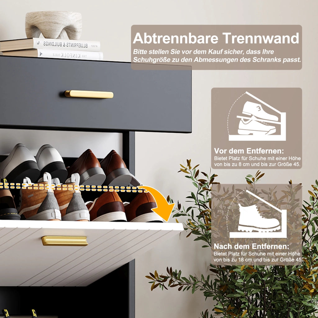 Scarpiera stretta con 2 ante ribaltabili 1 cassetto e 3 vani aperti in MDF e truciolare bianco nero 80 × 24 × 105 cm