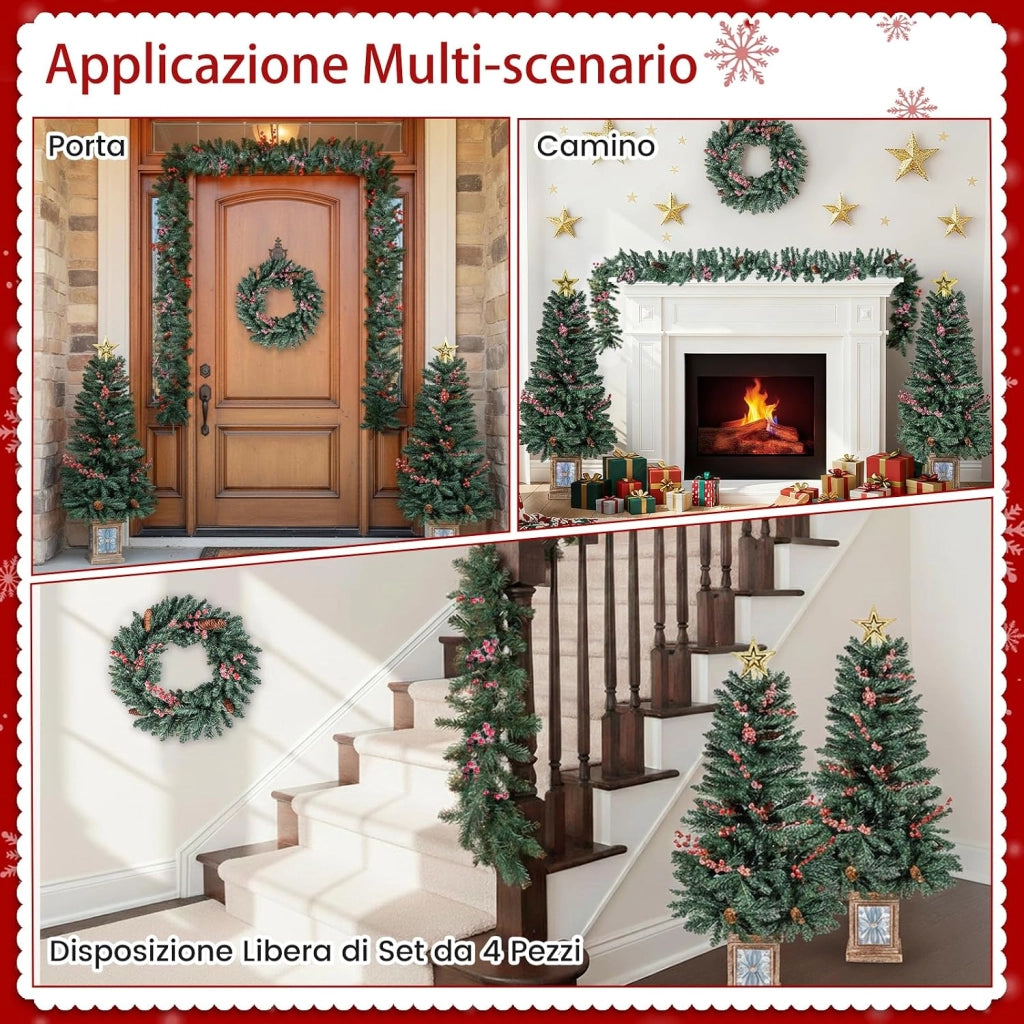 Set di 2 Alberi di Natale in Vaso con Pigne, Stella e Ghirlanda | Decorazione Natalizia per Camino, Ingresso e Festa con Corona e Bacche Rosse Ghiacciate
