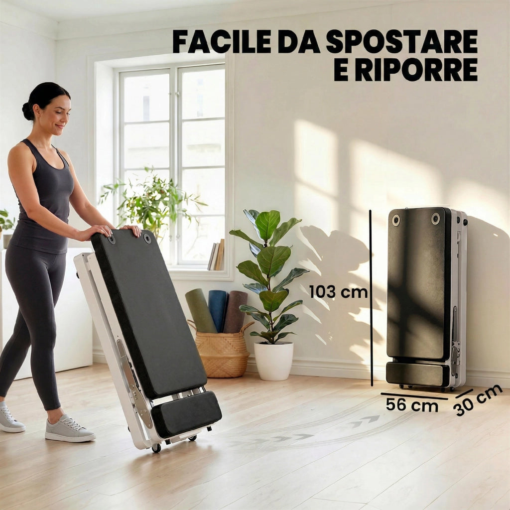 Reformer Pilates Pieghevole 195x56x88 cm con 2 Bande Elastiche in Acciaio e PU Bianco