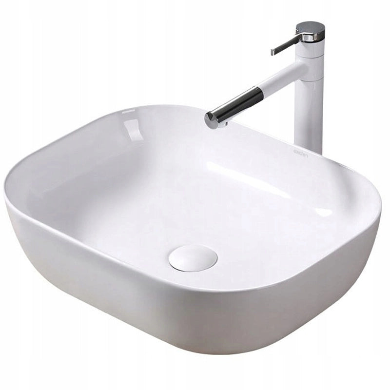 Lavabo da appoggio rettangolare in ceramica da posizionare sul piano di lavoro, bianco, moderno