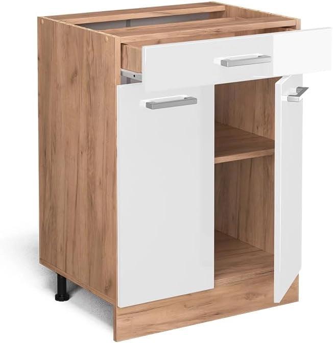 Mobiletto base per cucina R-Line, Bianco lucido, 60 cm con cassetto, senza piano di lavoro, per la libera combinazione all'interno di sistemi cucina modulari