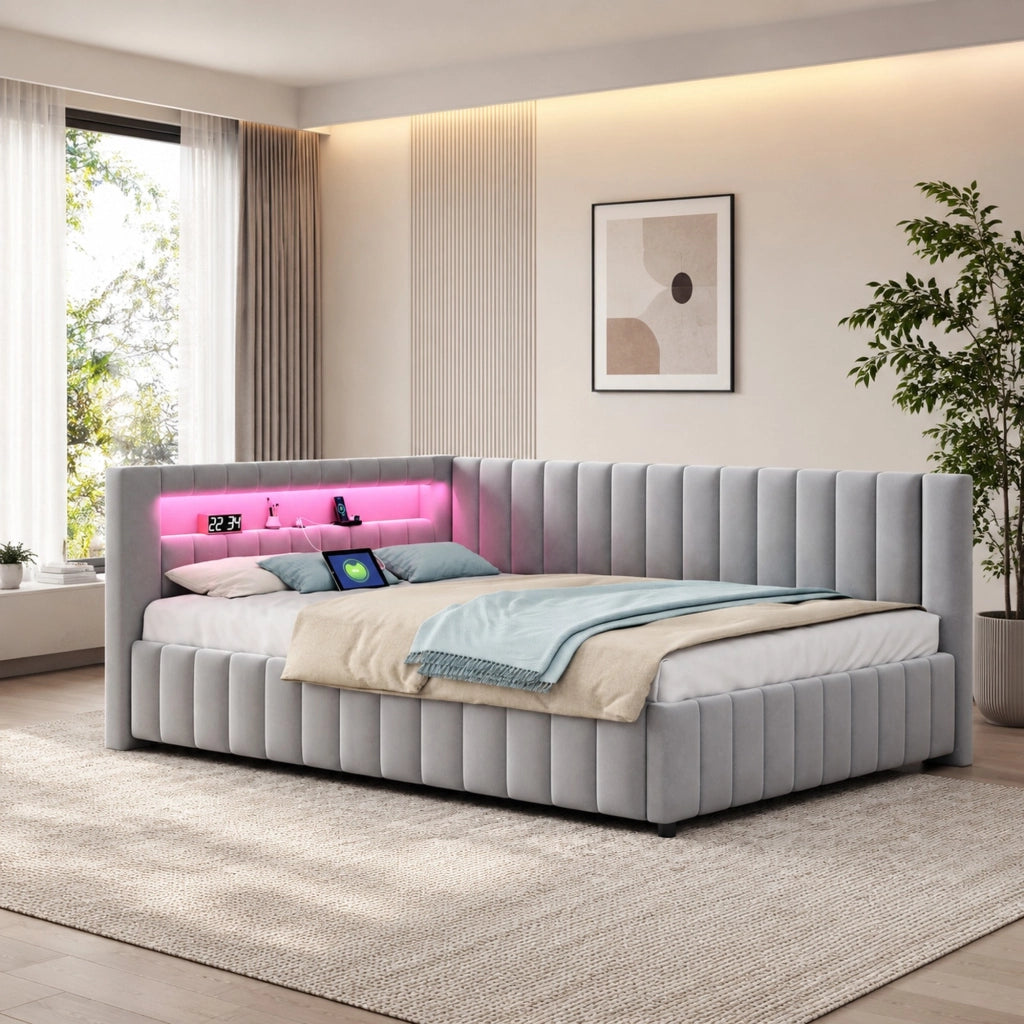 Letto imbottito a L 140x200 cm in velluto grigio con LED e porta USB